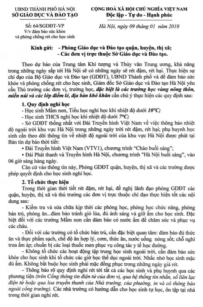 Thông báo về việc phòng chống rét cho học sinh