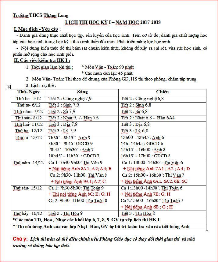 Lịch thi HKI năm học 2017-2018
