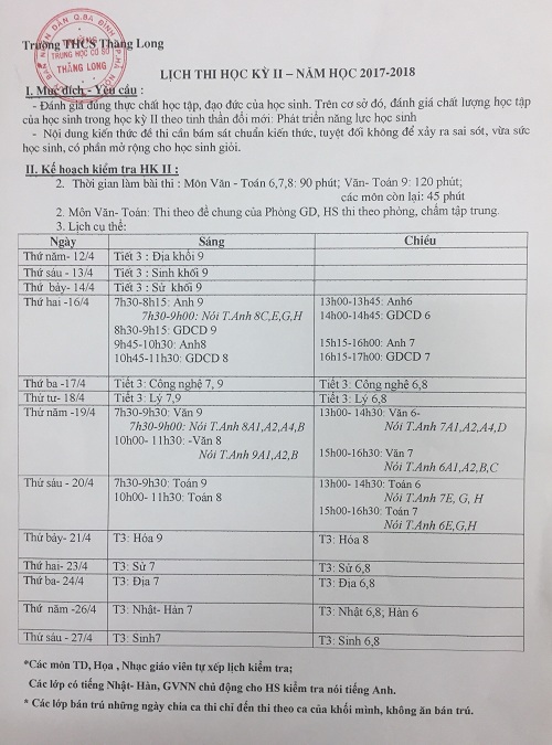 LỊCH THI HKII NĂM HỌC 2017 - 2018