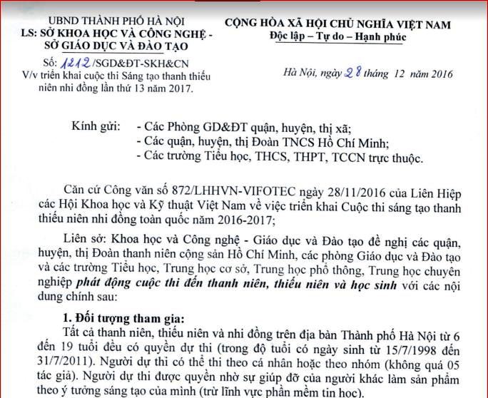 Cuộc thi sáng tạo thanh thiếu niên nhi đồng toàn quốc năm 2016-2017