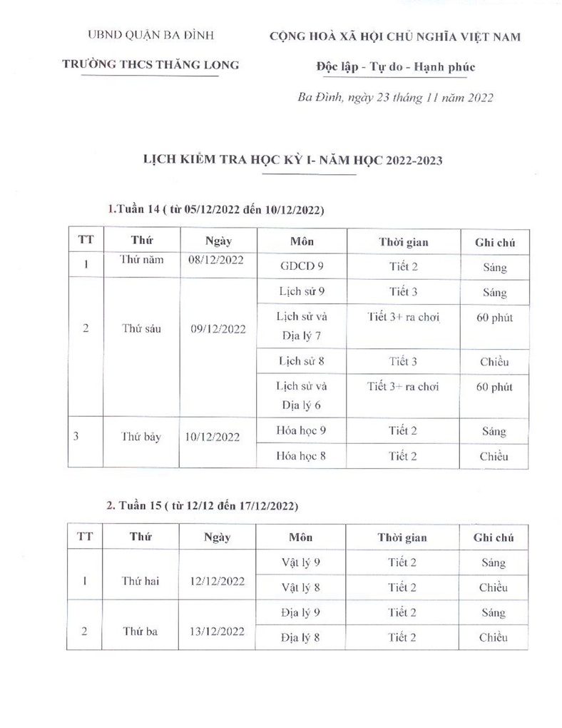 Lịch thi Học kì I năm học 2022 - 2023