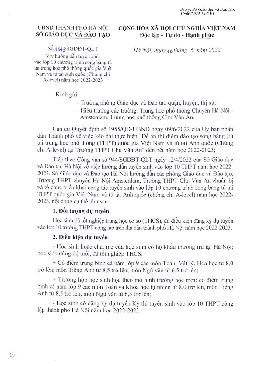V/v hướng dẫn tuyển sinh vào lớp 10 chương trình song bằng tú tài trung học phổ thông quốc gia Việt Nam và tú tài Anh quốc (Chứng chỉ A-level) näm học 2022-2023
