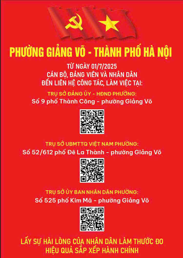 Thông báo địa điểm làm việc mới Phường Giảng Võ từ ngày 1/7/2025