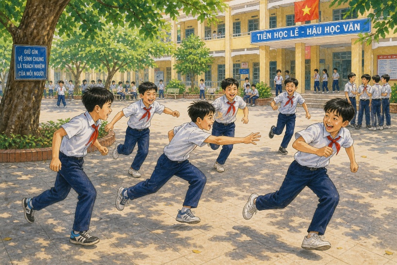 A group of boys running in a school yard

Description automatically generated