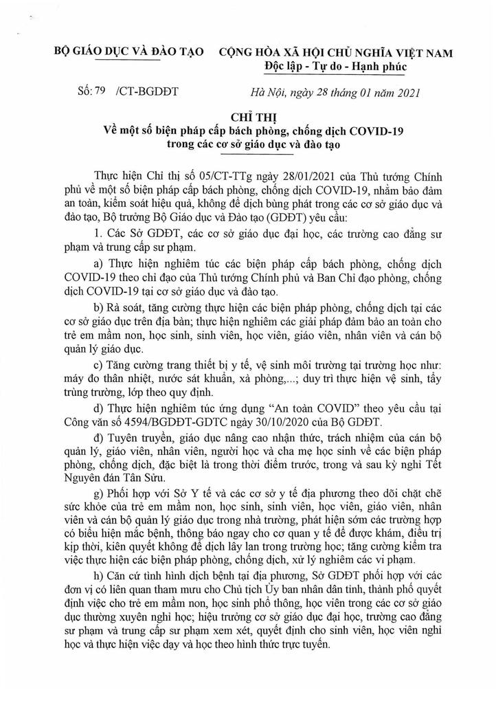 Chỉ thị về một số biện pháp phòng, chống dịch COVID-19 trong các cơ sở giáo dục và đào tạo